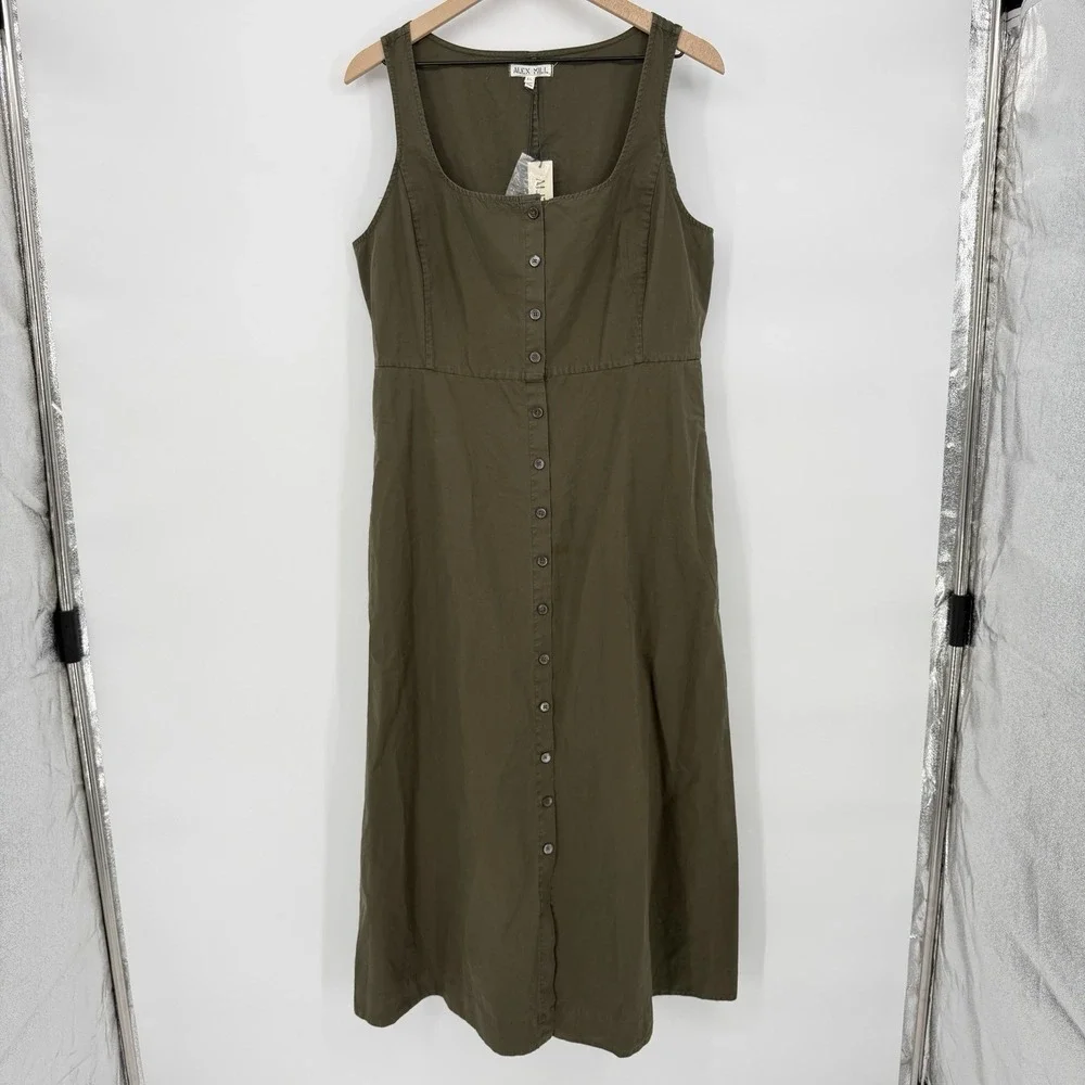 Alex Mill Sz XL Piper Square Neck Cotton Blend Midi Dress Sleeveless Button Down - Picture 2 of 7